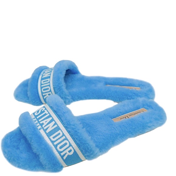 Dior Chez Moi Slide Bright Blue Embroidered Cotton and Shearling sandals - Picture 4 of 10